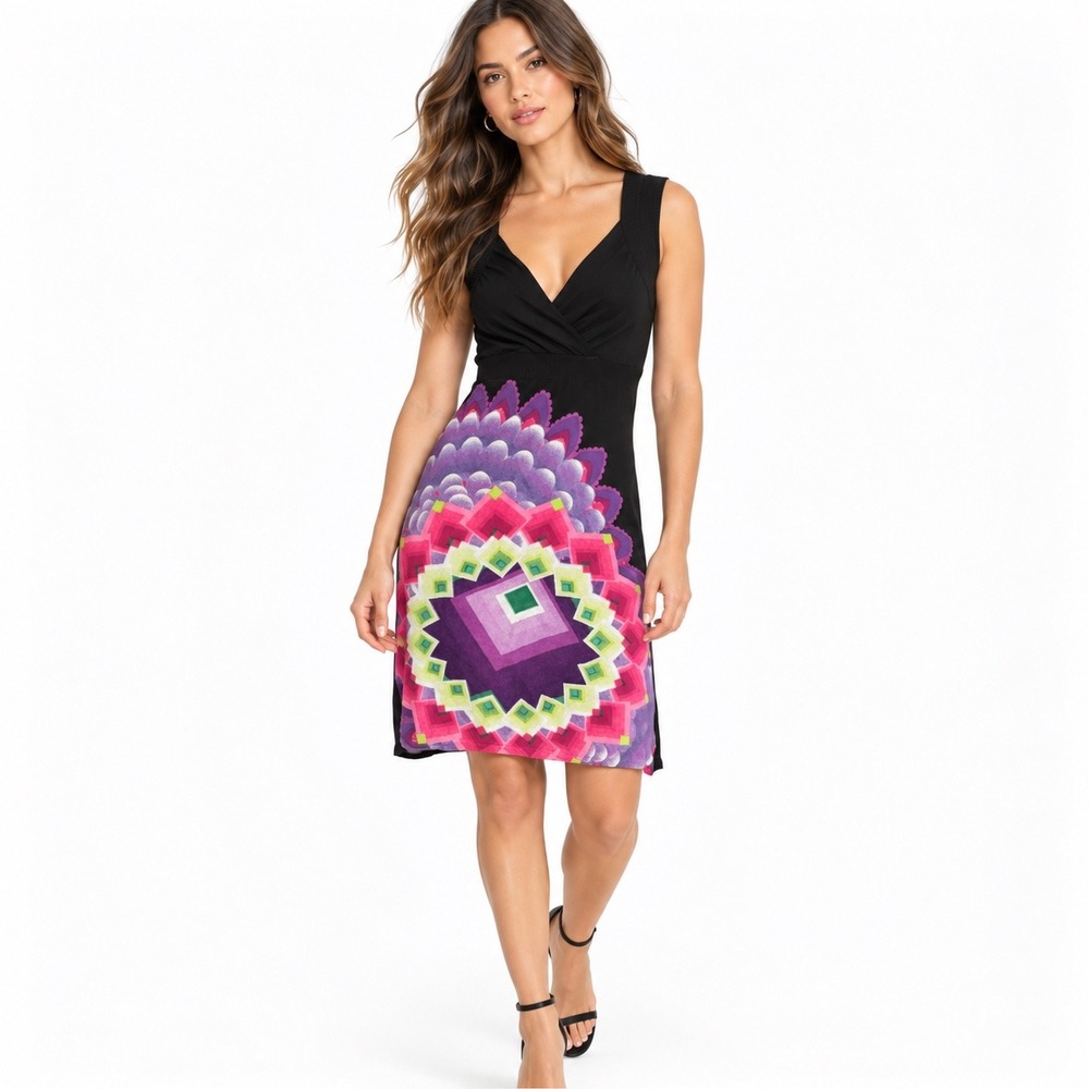 Desigual Black Mandala Geometric Print Sleeveless V-Neck Knit Dress 45J2101 S